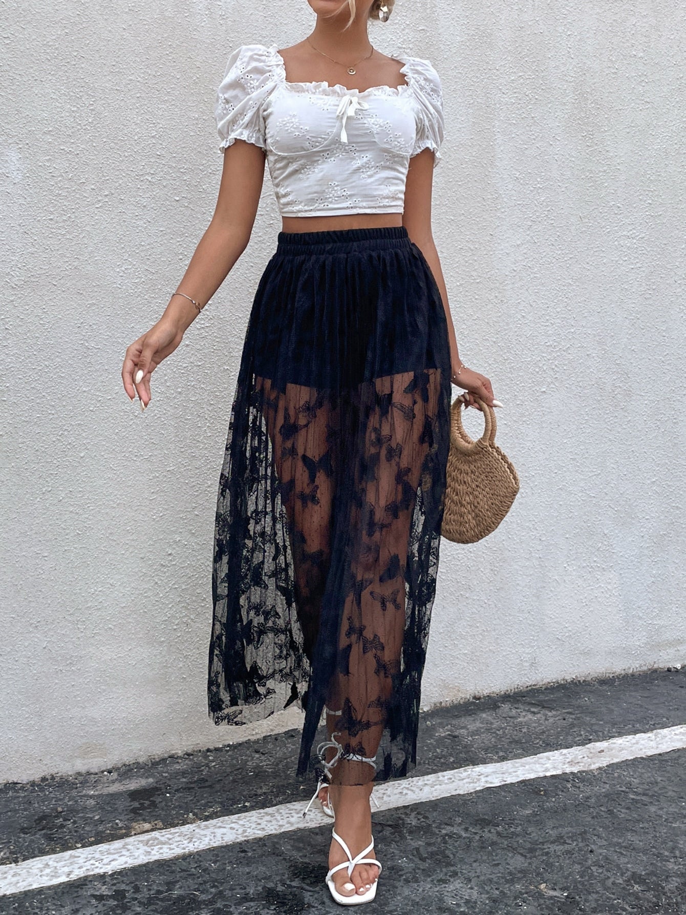 Butterfly Jacquard Mesh Overlay Skirt
