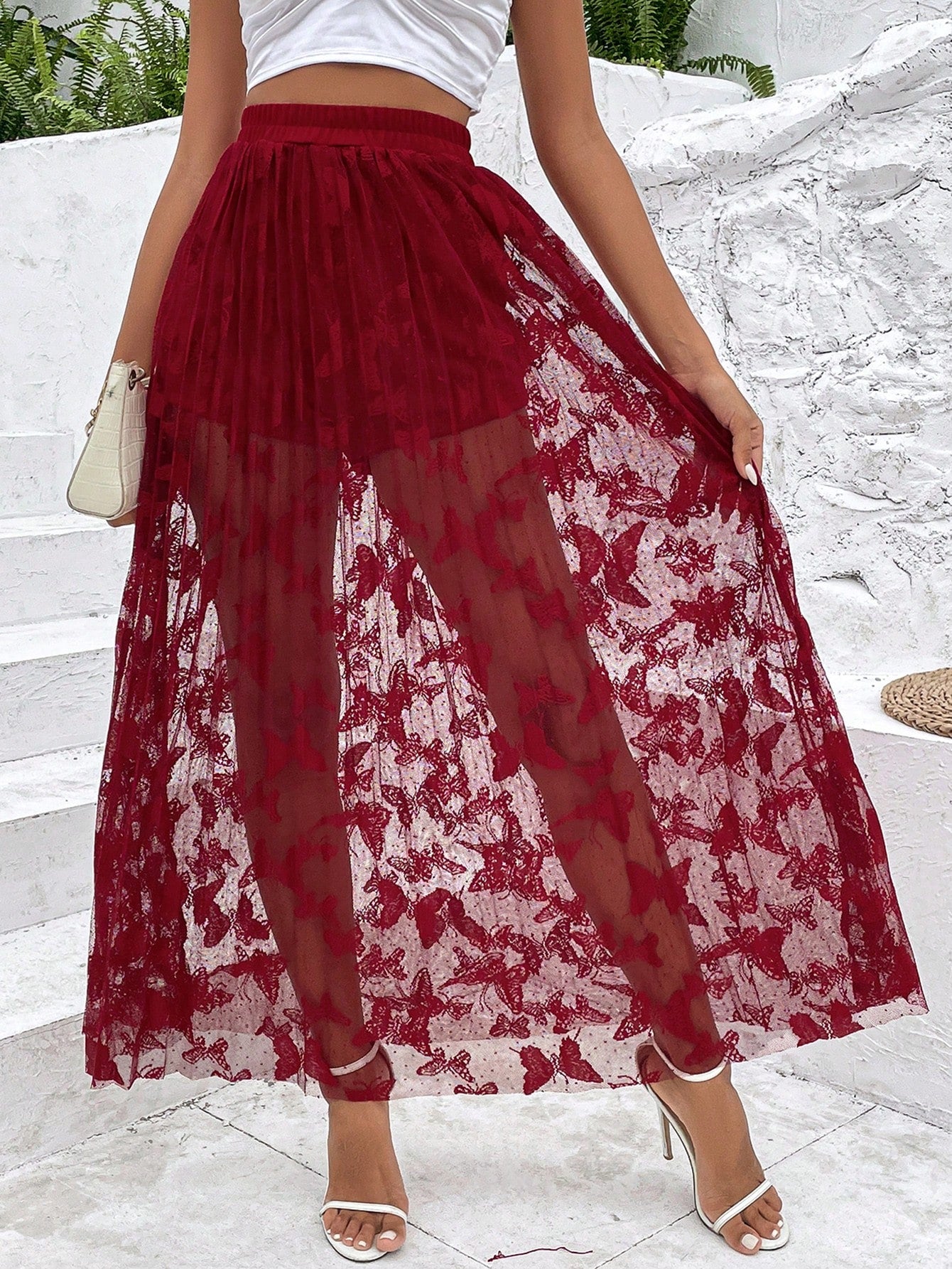 Butterfly Jacquard Mesh Overlay Skirt