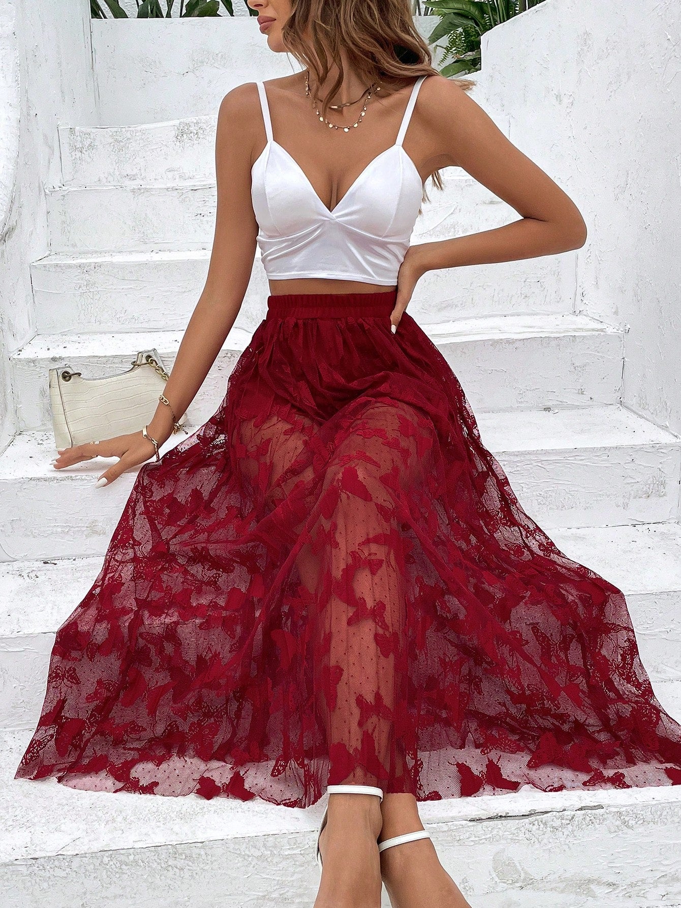 Butterfly Jacquard Mesh Overlay Skirt